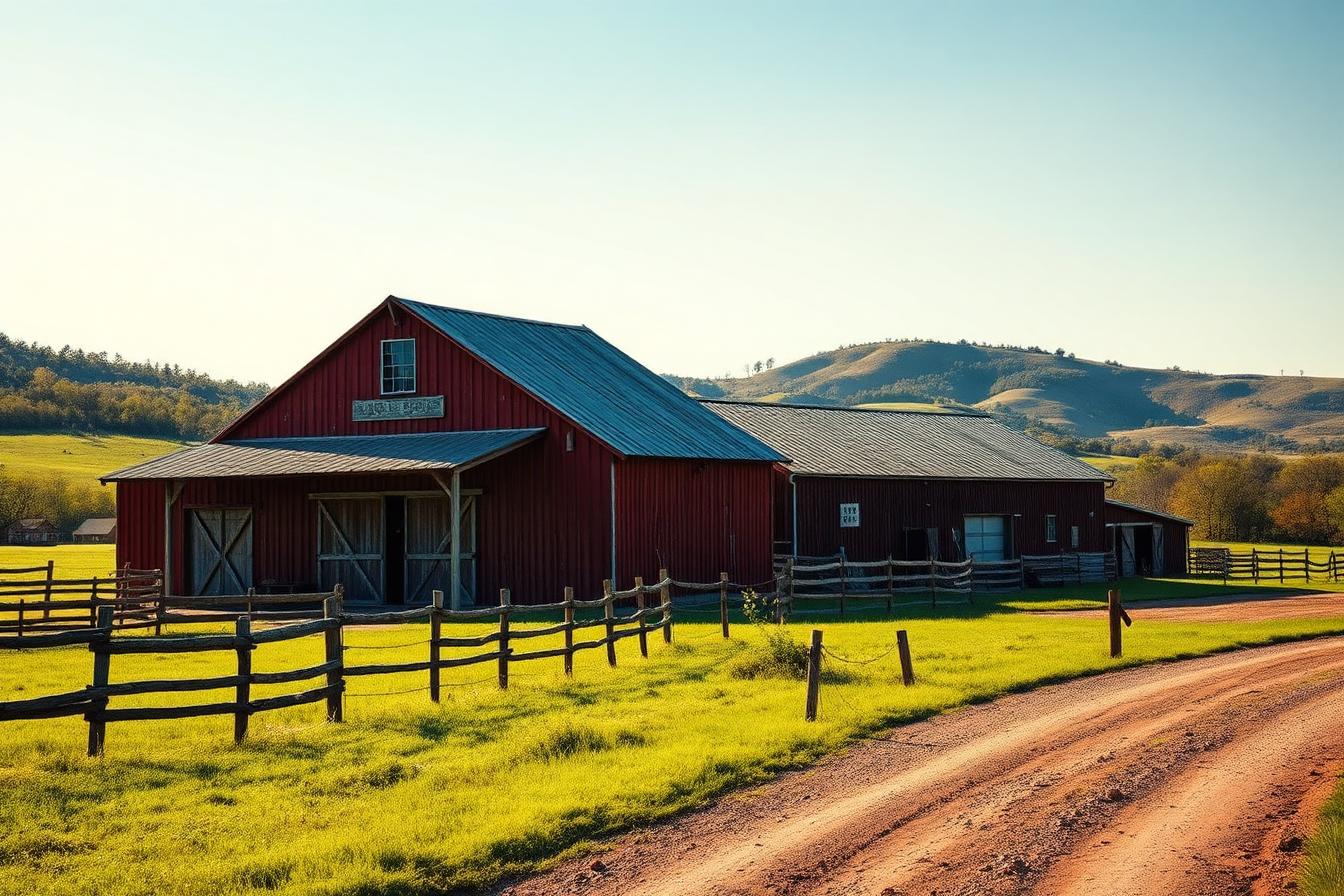 Red barn and fenced pasture on a traditional Hill Country farm